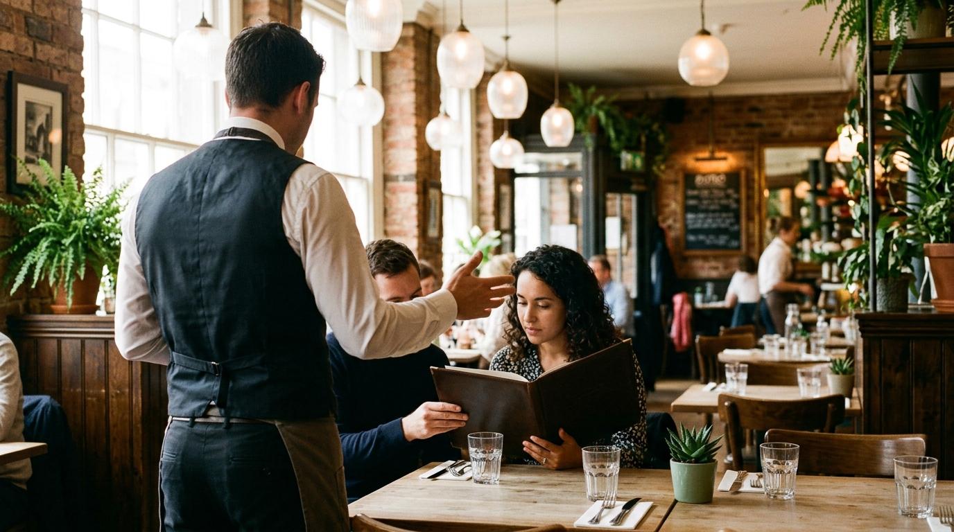 Un serveur suggère un plat à une table en montrant la carte ouverte, dans une salle chaleureuse