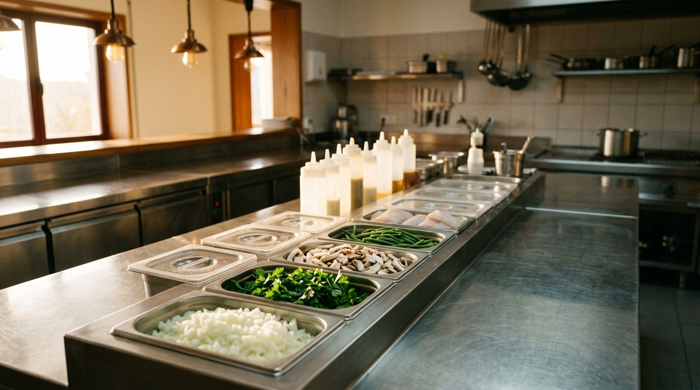 Rampa refrigerada de uma cozinha profissional antes do serviço, com cubas gastronorm de cebola picada, salsa, cogumelos, feijão-verde e peixe porcionado, e uma fila de biberões atrás