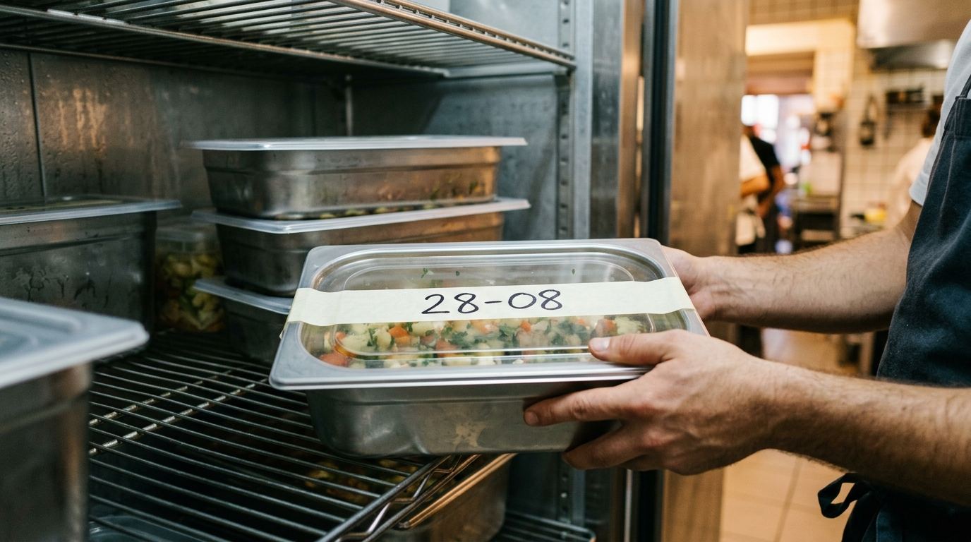 Cozinheiro a arrumar numa prateleira da câmara um recipiente de inox tapado com fita de papel colada na tampa e a data escrita à mão a marcador