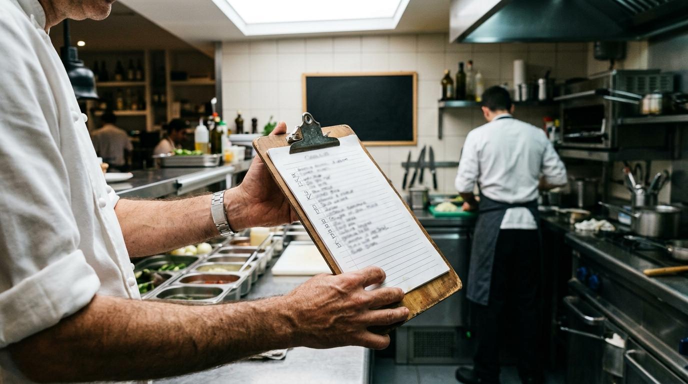Las manos de un cocinero repasan el cronograma de mise en place en un portapapeles junto al pase de una cocina profesional