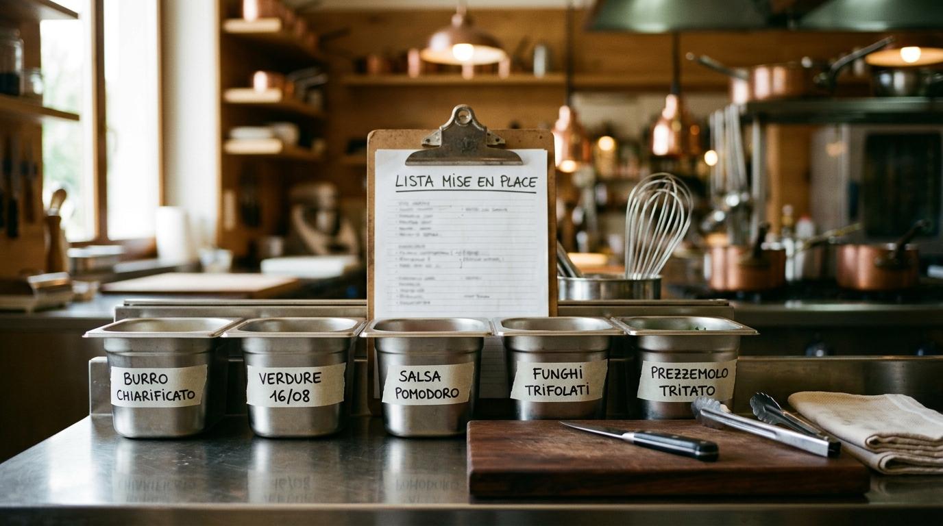 Contenitori gastronorm etichettati e allineati su una postazione di cucina professionale, con la lista di mise en place appoggiata accanto