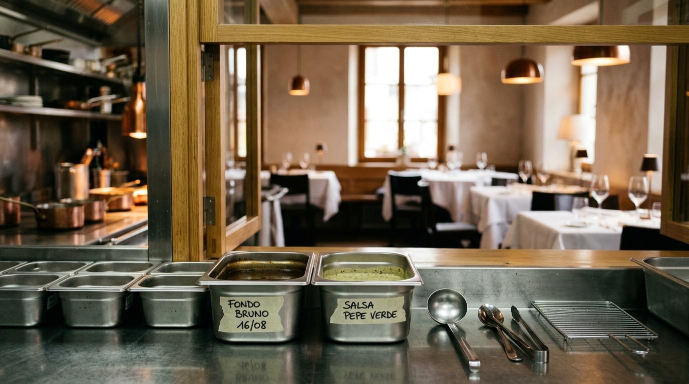 Il pass di una cucina professionale con i contenitori gastronorm etichettati in primo piano e la sala con i tavoli apparecchiati sullo sfondo