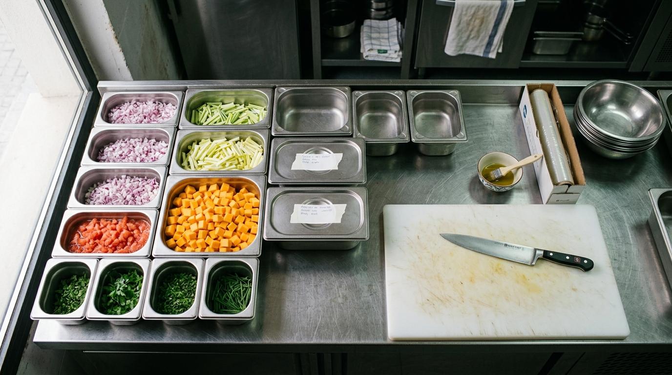 Partida de cocina profesional montada antes del servicio, con cubetas gastronorm de acero llenas de verdura cortada y etiquetadas