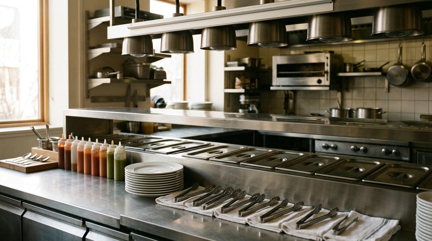 Pase de una cocina profesional completamente preparado y vacío minutos antes de abrir el servicio