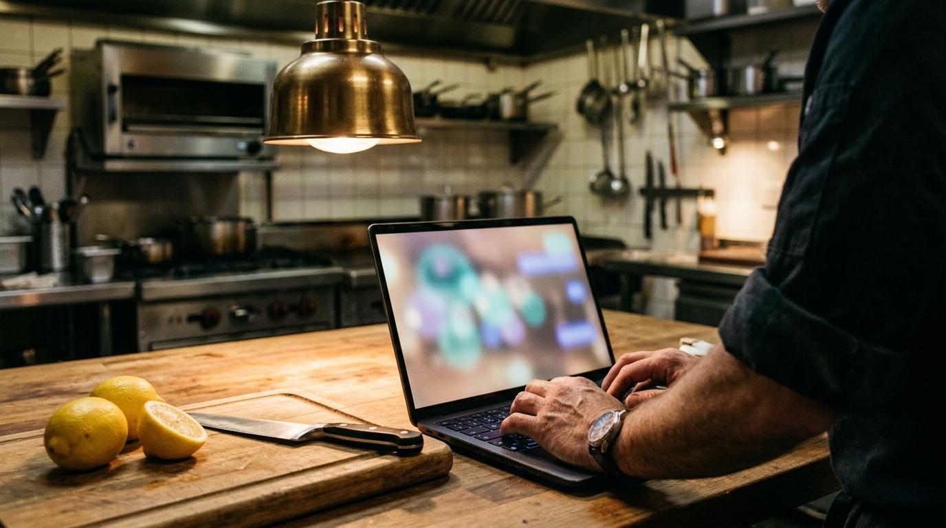 Manos de un cocinero escriben en un portátil con una conversación de IA borrosa en pantalla, en una cocina profesional en calma