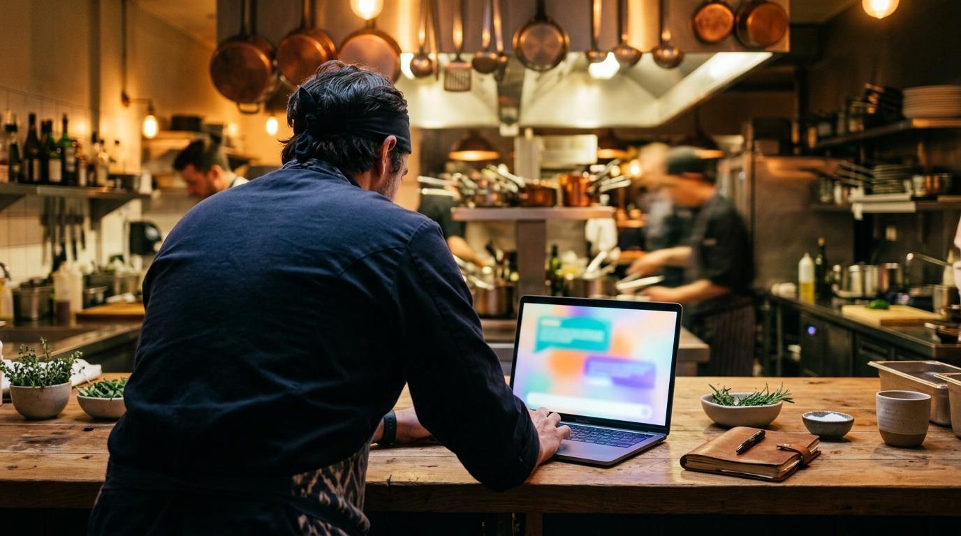 Un chef consulta un portátil con una conversación de IA en la mesa de madera del pase, con la cocina en marcha detrás
