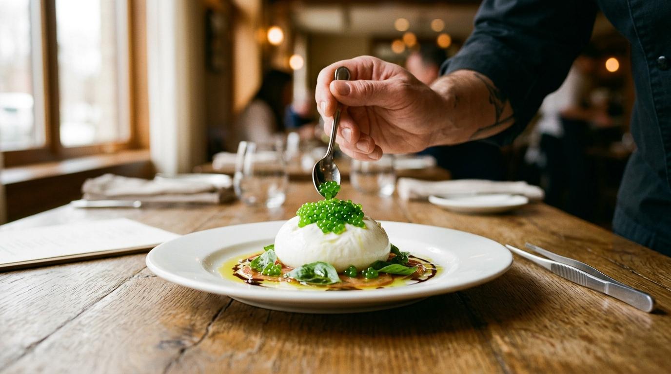 Uno chef finisce con un cucchiaino una burrata coronata di caviale di basilico verde, in sala
