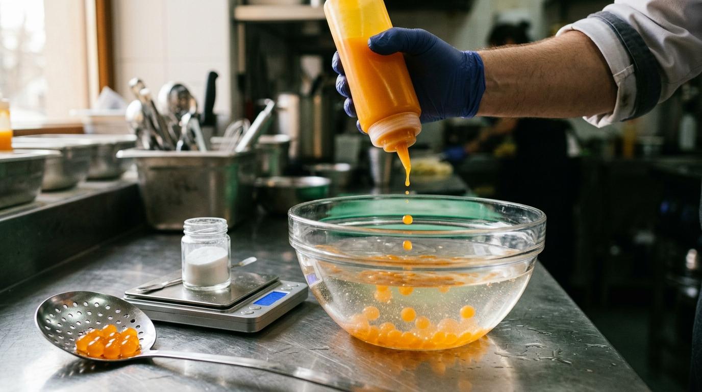 Sferificazione in cucina professionale: gocce di liquido arancione cadono nel bagno di calcio accanto alla bilancia di precisione