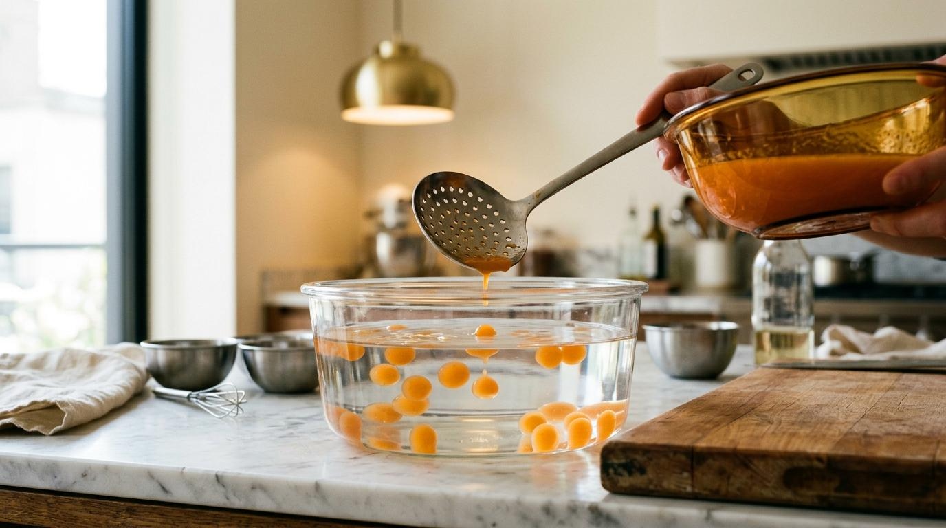 Esferificación en proceso: gotas de puré de fruta cayendo en un baño de calcio sobre una encimera de cocina profesional