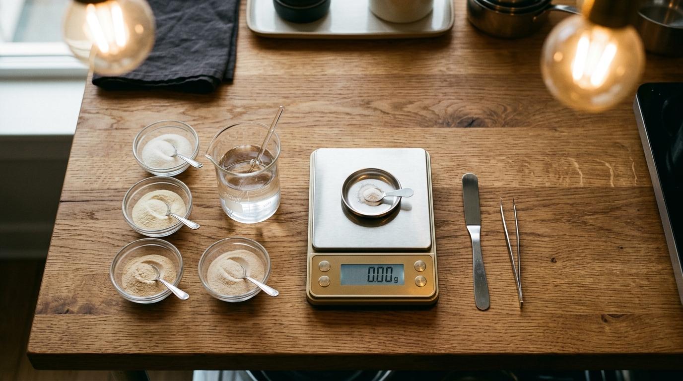 Mise en place de cocina molecular con hidrocoloides en cuencos de cristal y una balanza de precisión