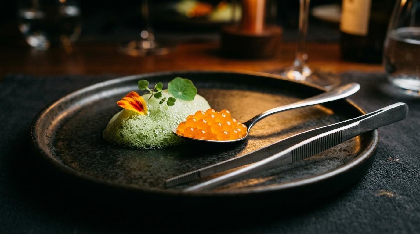 Ein elegantes Amuse-Bouche auf dunklem Teller: ein Löffel leuchtend orangefarbener Frucht-Kaviar-Perlen neben einem zarten grünen Luftschaum