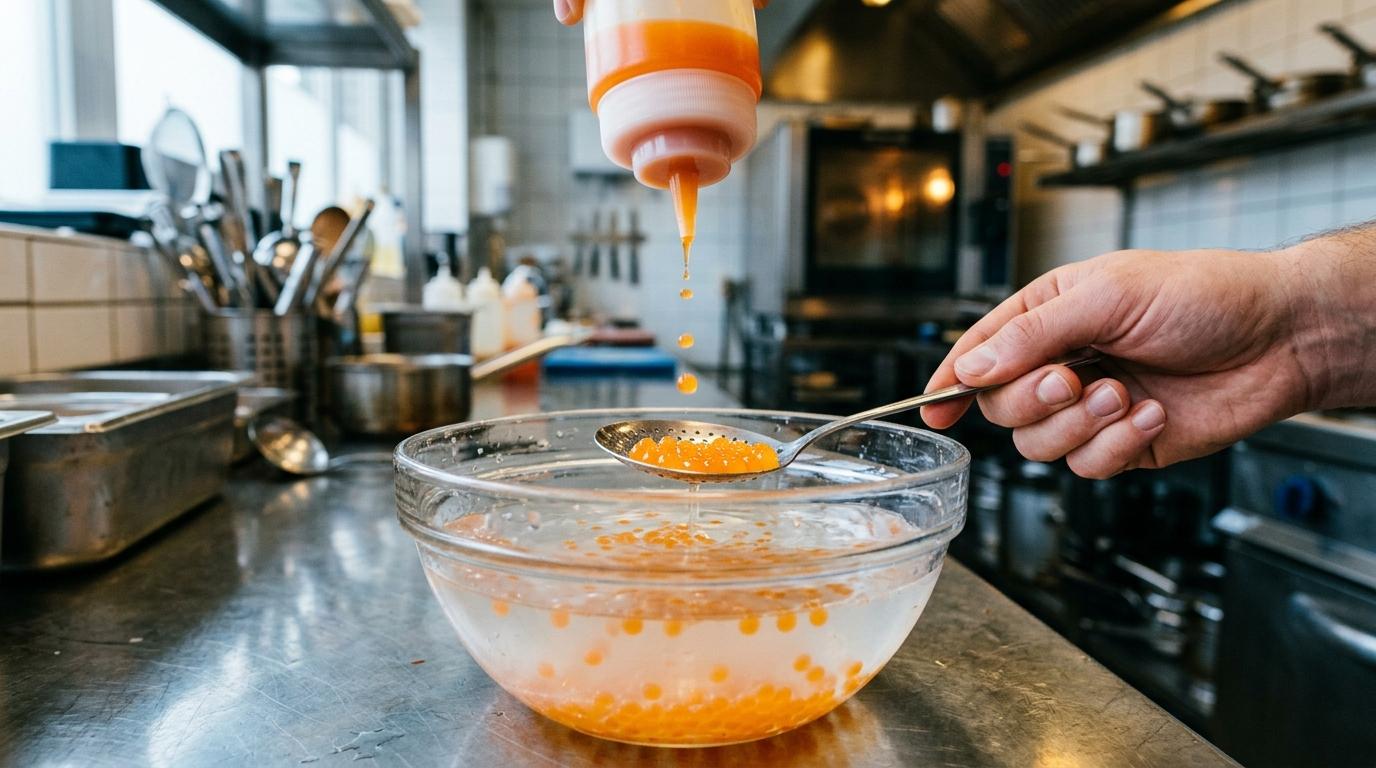 Kleine orangefarbene Sphären formen sich in einem klaren Calciumbad, ein Schaumlöffel hebt einige Perlen heraus