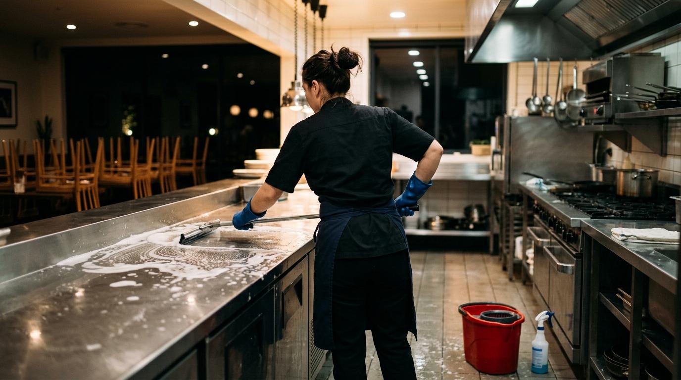 Une cuisinière passe la raclette sur le plan de travail inox couvert de mousse, à la fermeture d'une cuisine professionnelle