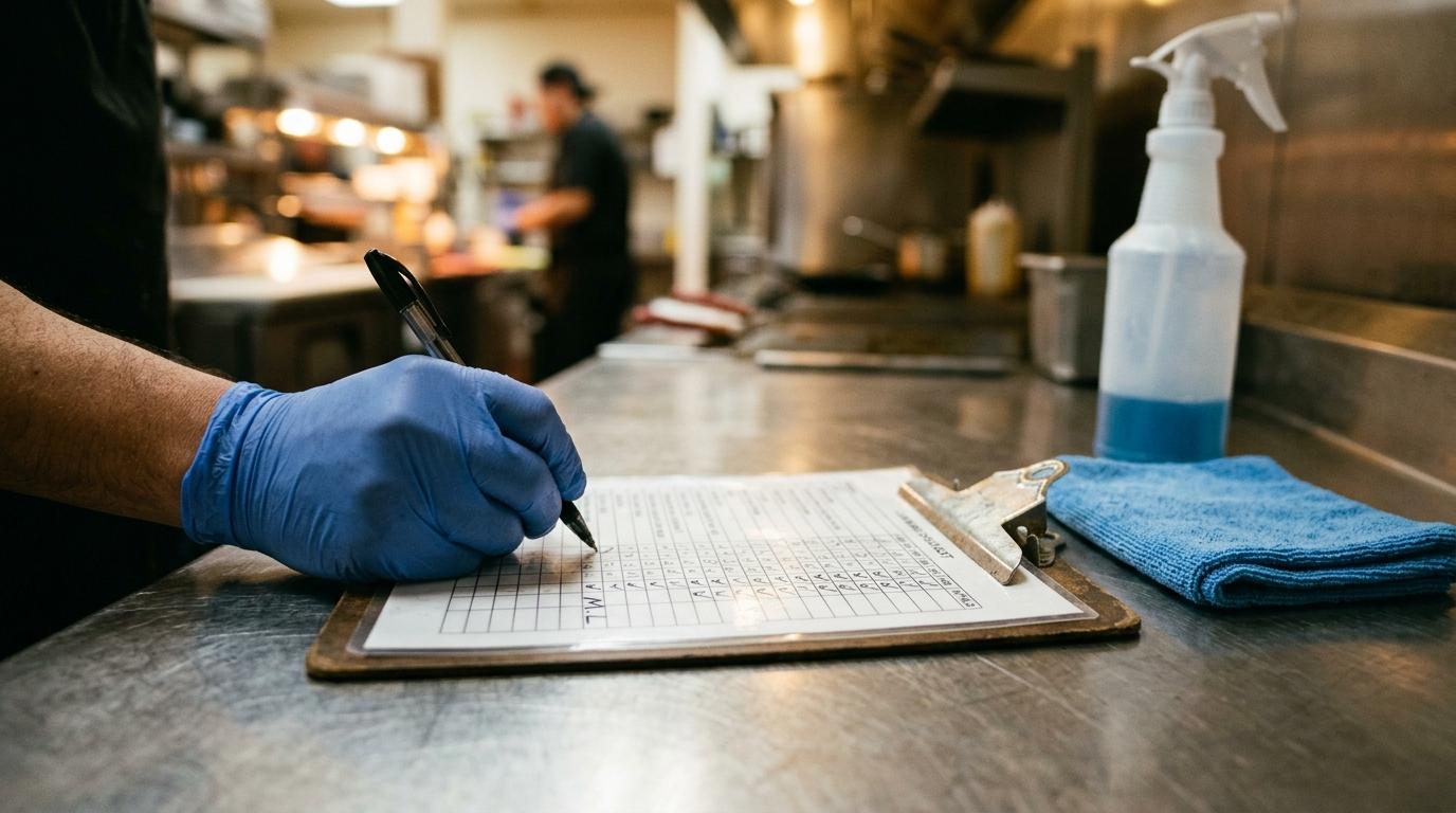 Une main gantée signe son visa au stylo dans la dernière colonne d'une fiche de nettoyage plastifiée, chiffon et pulvérisateur à côté
