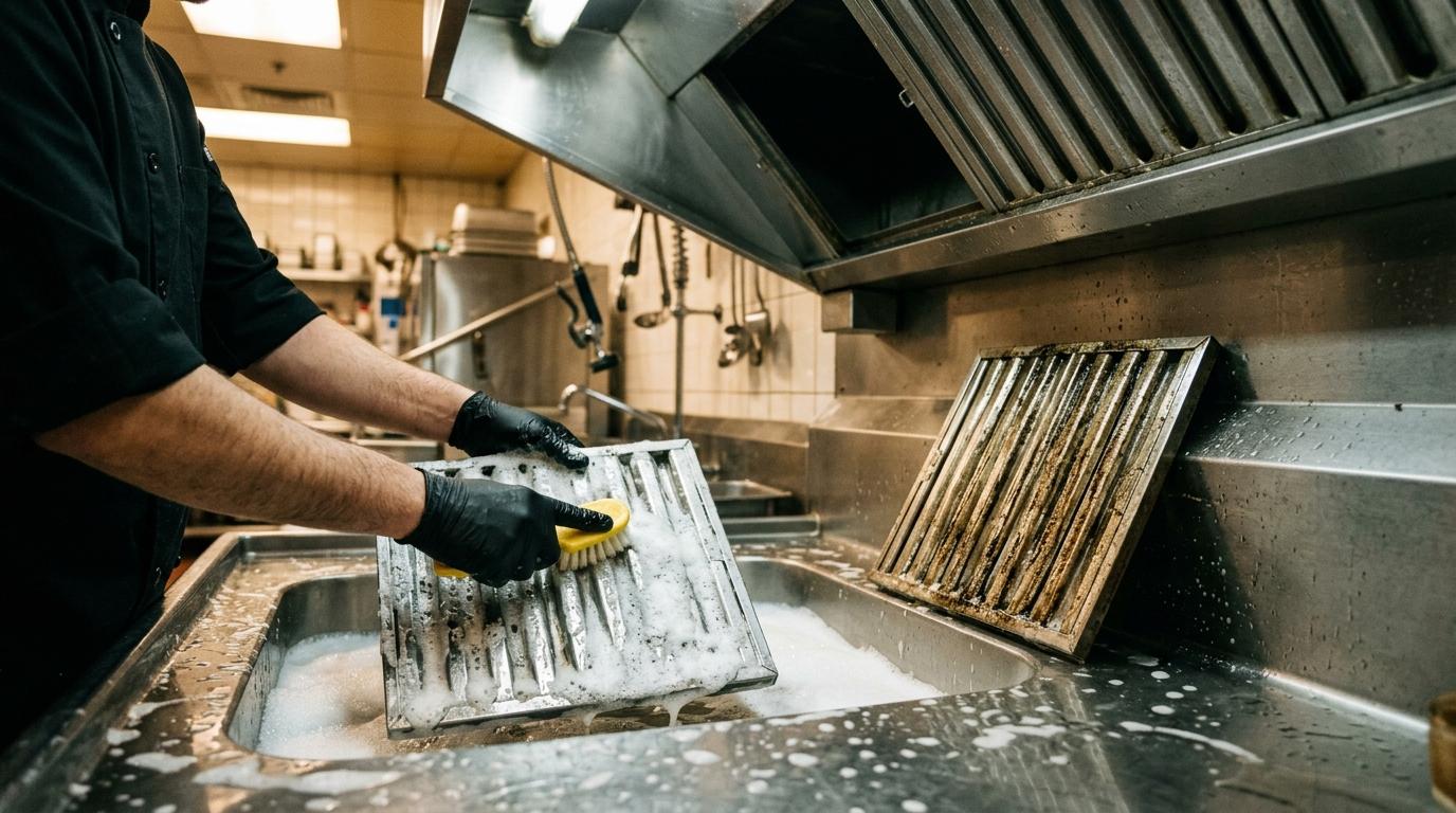 Mains gantées brossant un filtre de hotte couvert de mousse dégraissante dans une plonge inox, un second filtre encore gras à côté