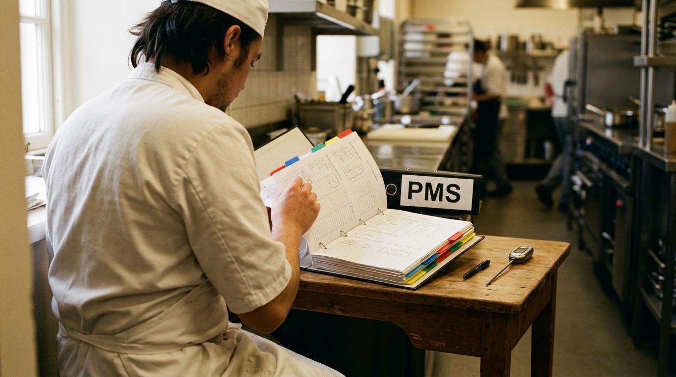 Un cuisinier consulte le classeur du plan de maîtrise sanitaire marqué PMS, à un petit bureau au cœur de la cuisine