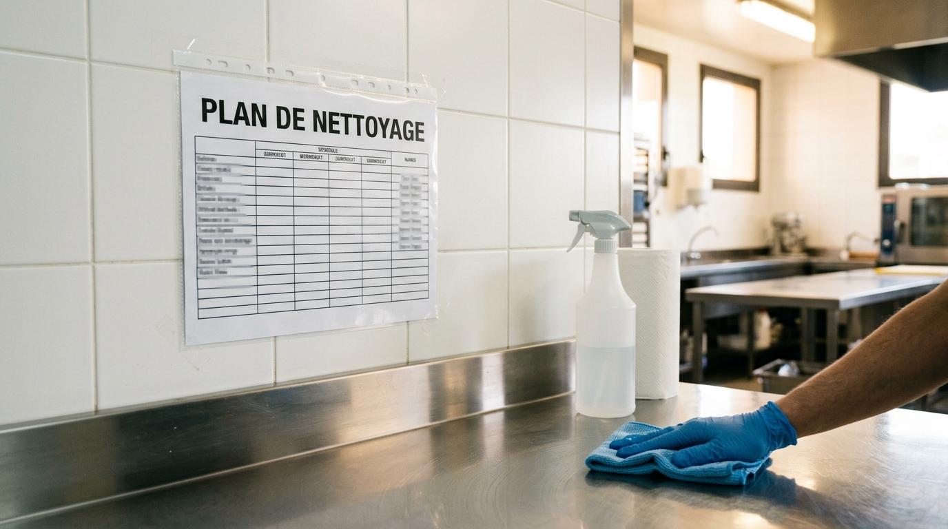 Feuille plastifiée du plan de nettoyage affichée sur le mur carrelé d'une cuisine professionnelle, une main gantée essuyant le plan de travail