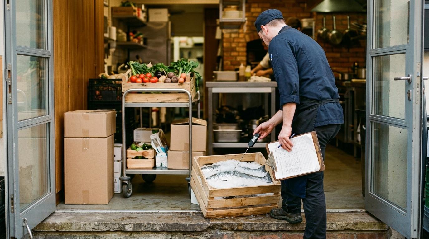 Un cuisinier contrôle une livraison à la porte de la cuisine : sonde de température dans une caisse de poissons sous glace, planchette à la main