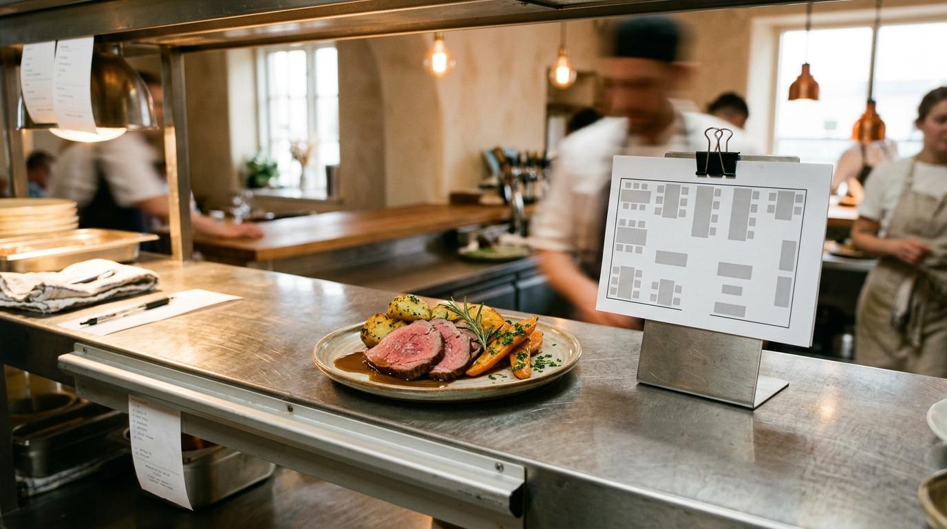 Ein angerichteter Teller mit Braten, Kartoffeln und Karotten auf dem Pass einer Profiküche, daneben eine ausgedruckte Portionstabelle auf einem Metallständer