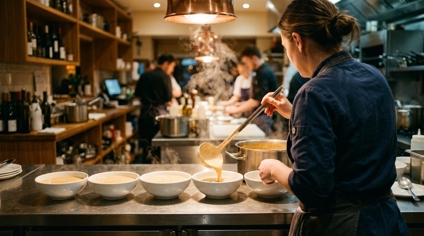 Eine Köchin füllt mit einer Schöpfkelle Suppe in eine Reihe identischer weißer Schalen, alle bis zur gleichen Höhe gefüllt