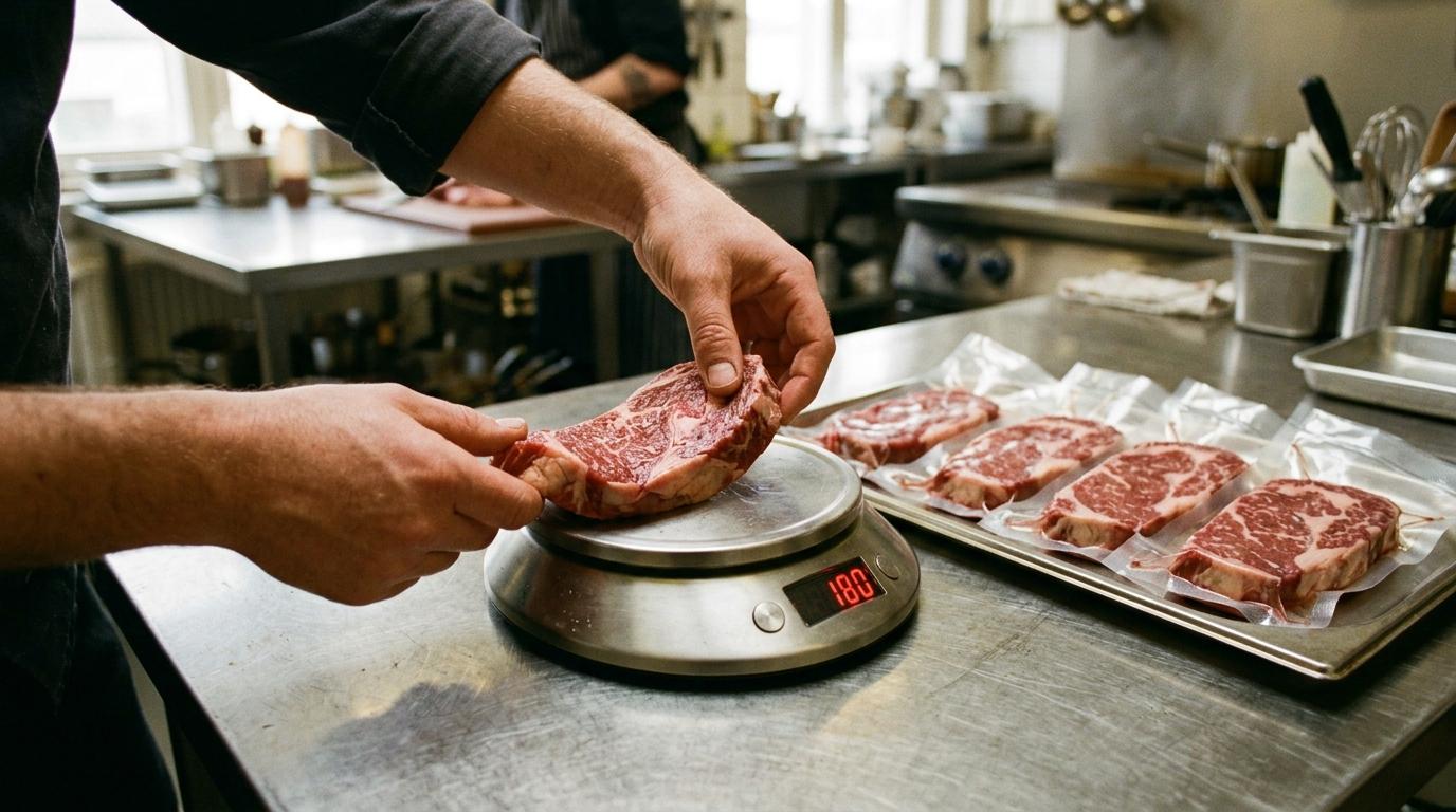Die Hände eines Kochs legen ein rohes Steak auf eine digitale Küchenwaage, daneben ein Blech mit vakuumierten, vorportionierten Steaks