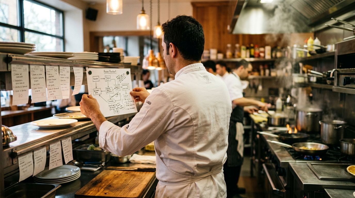 Uno chef appende al pass di una cucina professionale il diagramma di flusso disegnato a mano, accanto alle comande