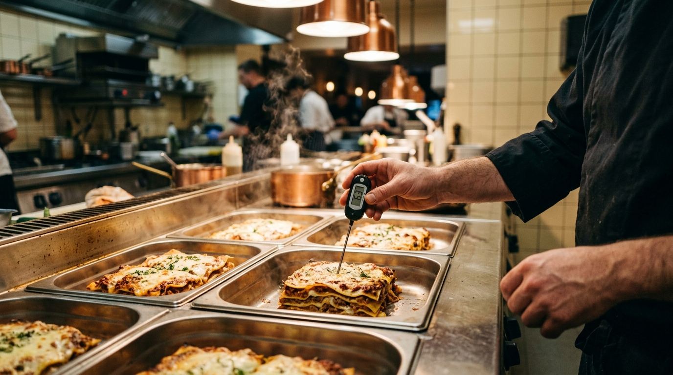 Porzioni di lasagna in vaschette d'acciaio nella linea di mantenimento a caldo, con la sonda che segna 63 °C