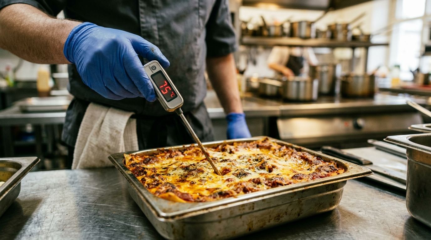 Mani con guanti blu misurano con la sonda la temperatura al cuore di una teglia di lasagna: il display segna 75 °C