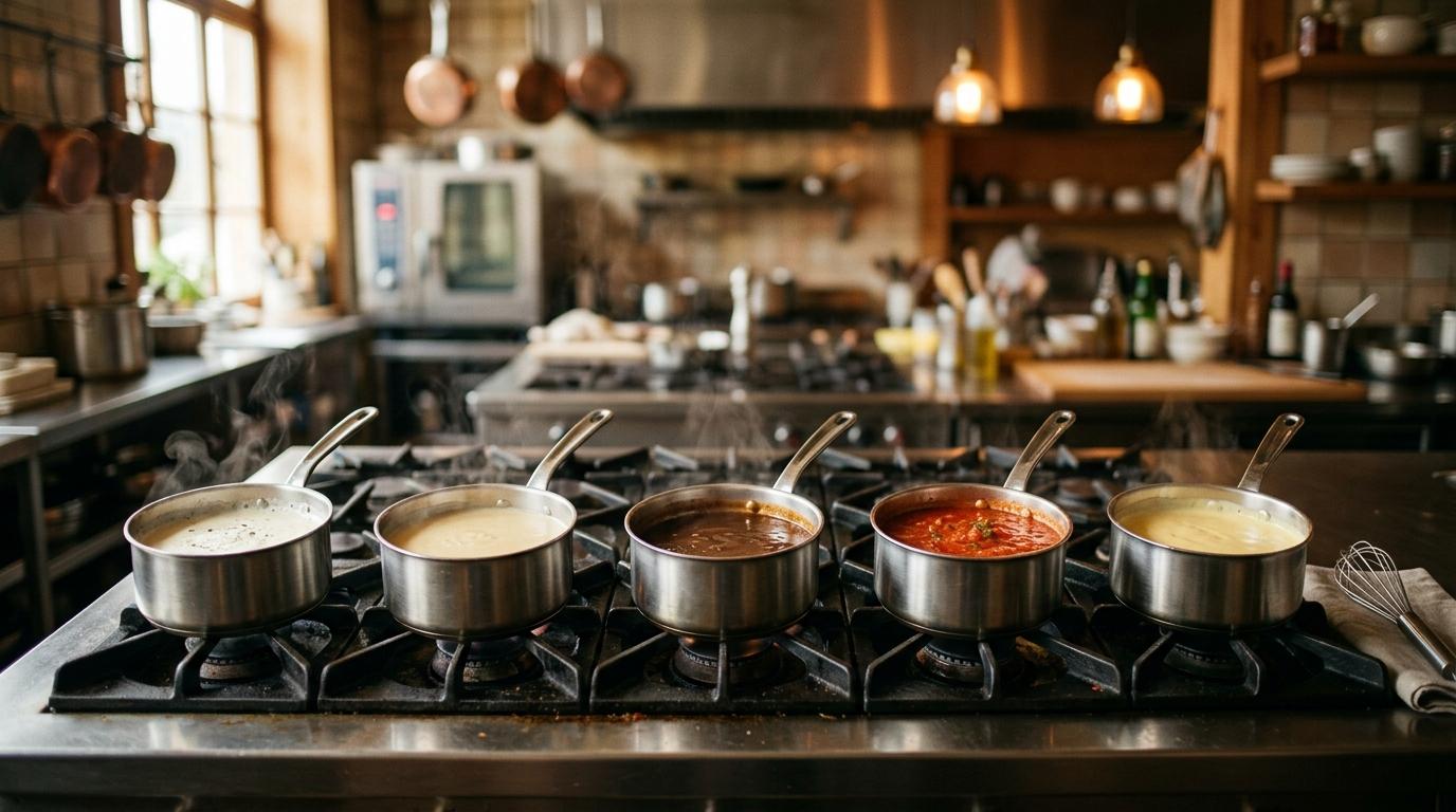 Cinque pentolini in fila su un fornello professionale con le cinque salse madri: besciamella, vellutata, spagnola, pomodoro e olandese