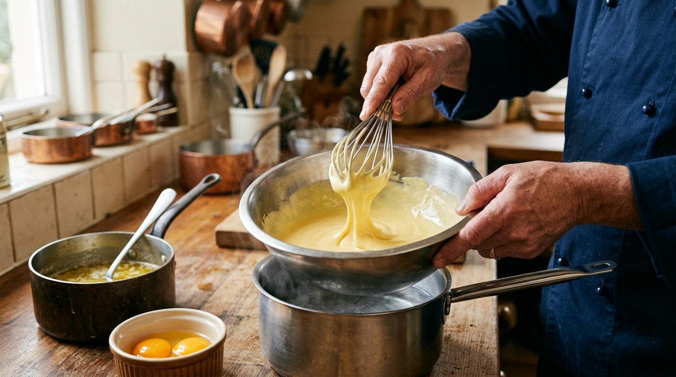 Le mani di uno chef montano la salsa olandese con la frusta in una bastardella sul bagnomaria, con burro chiarificato e tuorli accanto