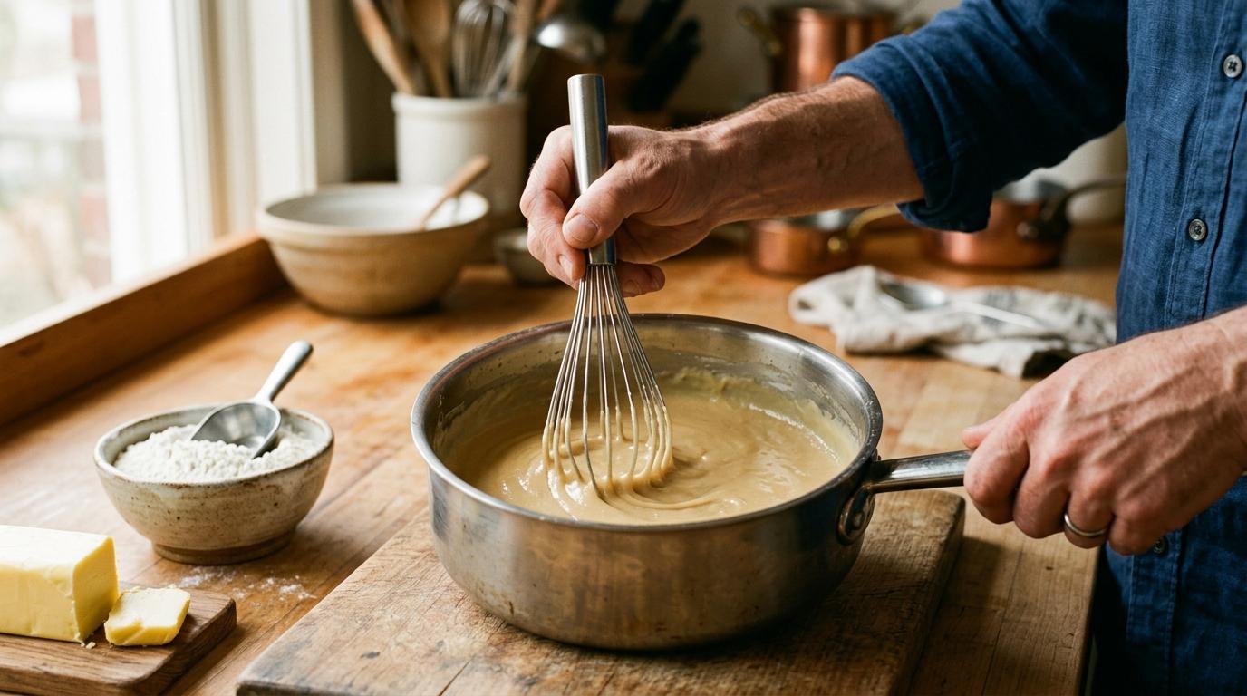 La mano di uno chef lavora con la frusta un roux biondo in una casseruola, con farina e burro accanto sul tagliere