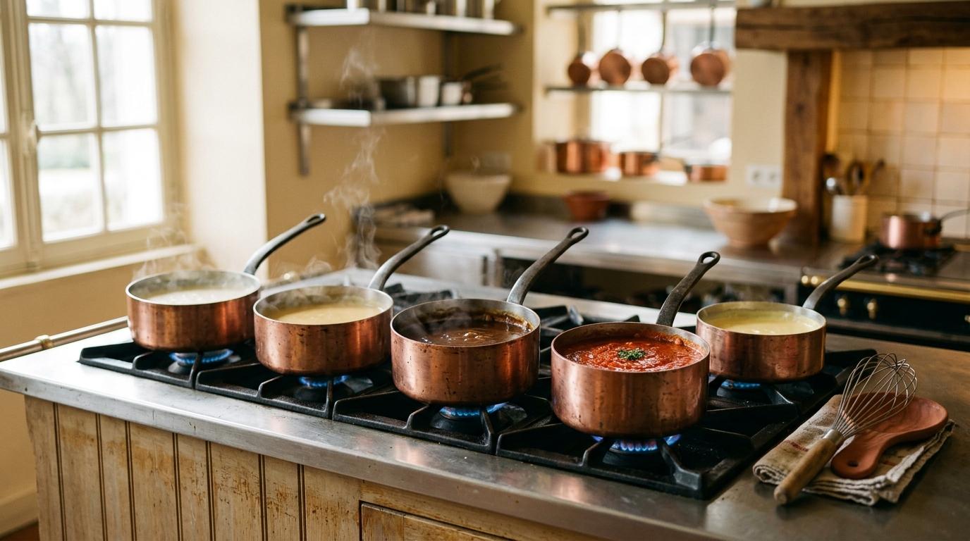 Cinq casseroles en cuivre alignées sur un fourneau professionnel, chacune avec une sauce mère différente, du blanc laiteux de la béchamel au brun profond de l'espagnole