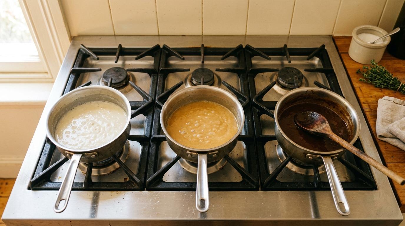 Trois poêlons côte à côte montrant un roux blanc, un roux blond et un roux brun à des stades de cuisson différents