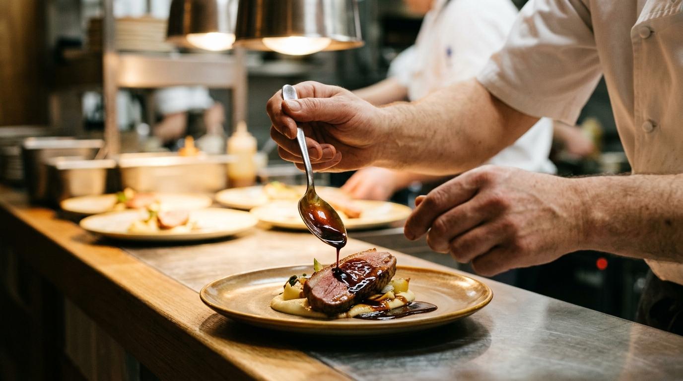 Un saucier nappe une assiette d'une sauce brillante au passe, cuillère à sauce en main