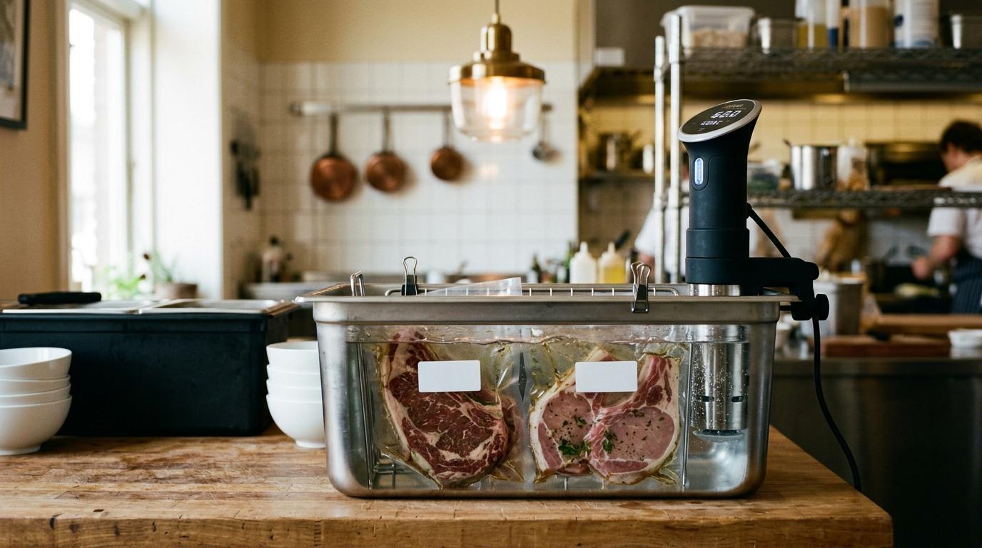 Un roner sujeto al borde de una cubeta gastronorm llena de agua con varias bolsas al vacío sumergidas y etiquetadas, en una cocina profesional