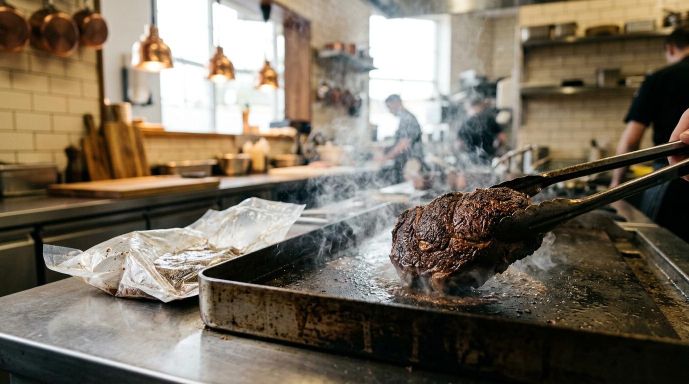 Un solomillo recién sacado de su bolsa de vacío dorándose en una plancha muy caliente, sujeto con pinzas, con la bolsa vacía al lado