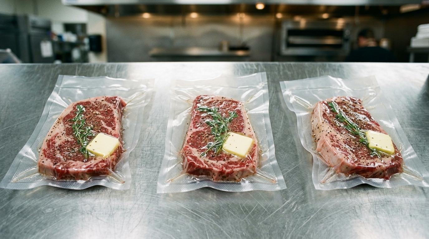 Drei vakuumierte Beutel mit gewürzten Steaks, Thymianzweig und Butterstück auf einer Edelstahltheke