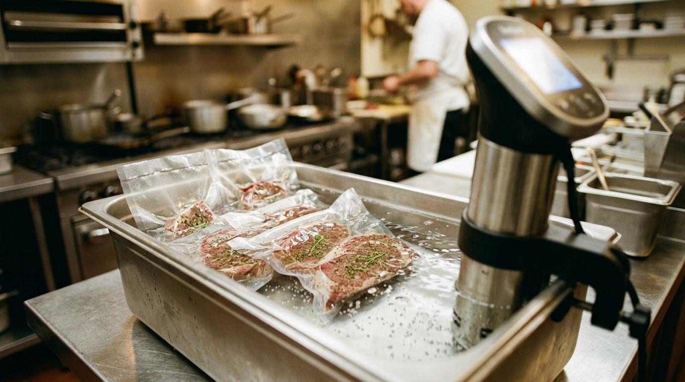 Ein professionelles Sous-vide-Wasserbad mit Einhängethermostat und vakuumierten Beuteln mit gewürzten Steaks in einem Edelstahlbehälter