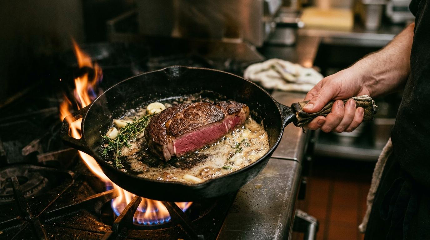Ein rosa gegartes Sous-vide-Steak wird in einer heißen Gusseisenpfanne mit schäumender Butter, Thymian und Knoblauch scharf angebraten