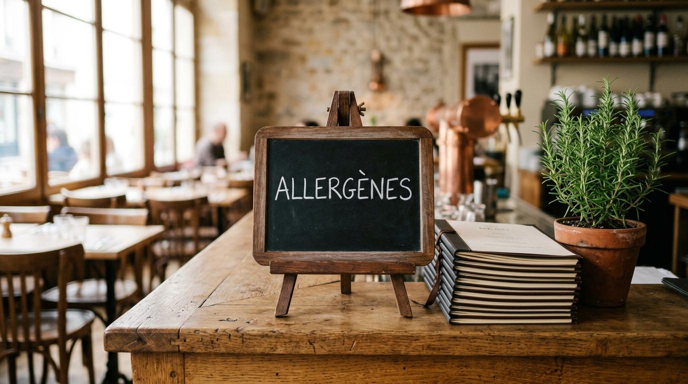 Une ardoise avec le mot ALLERGÈNES bien lisible posée sur le comptoir d'un restaurant, à côté des menus