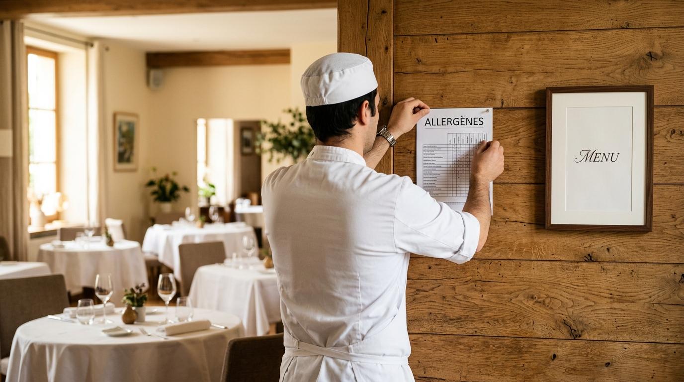 Un chef accroche le tableau des allergènes de son restaurant à l'entrée de la salle, à côté de la carte