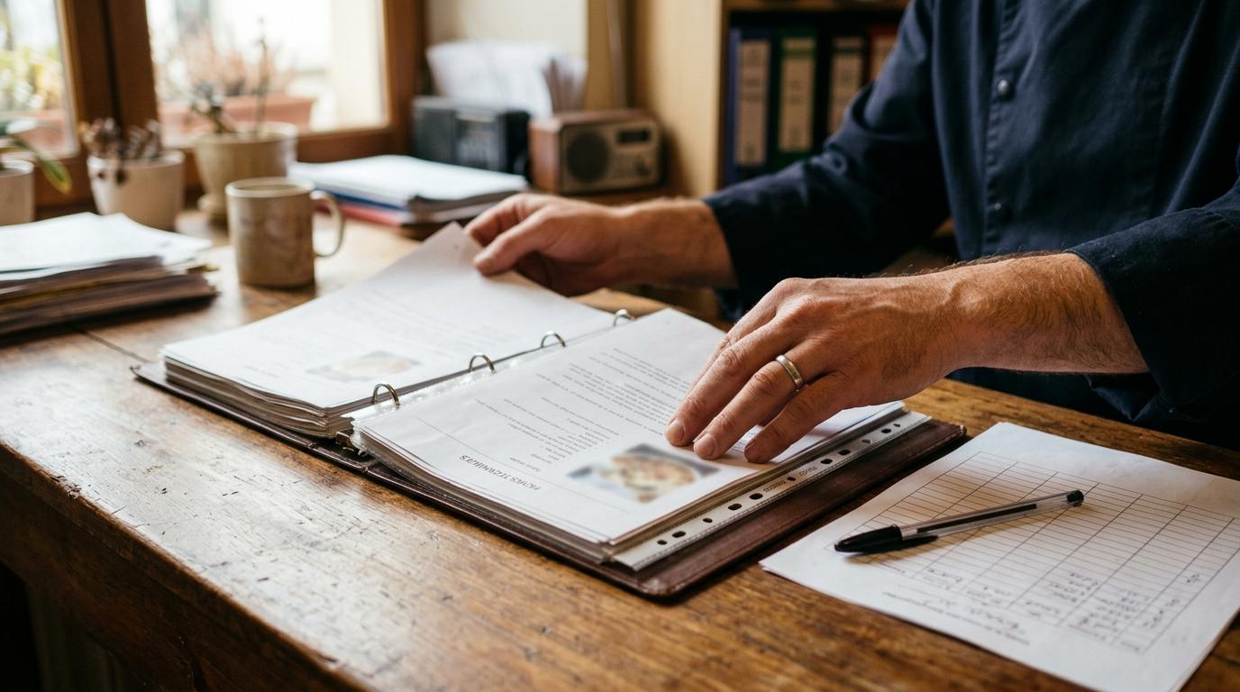 Les mains d'un chef décomposent un plat depuis un classeur de fiches techniques, avec une liste de contrôle des allergènes à côté