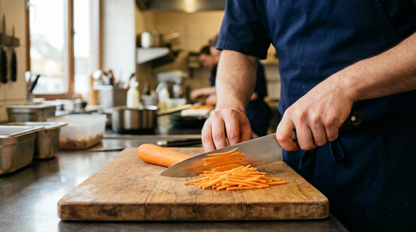Les mains d'un cuisinier taillent une carotte en julienne, doigts repliés en griffe, sur une planche stable
