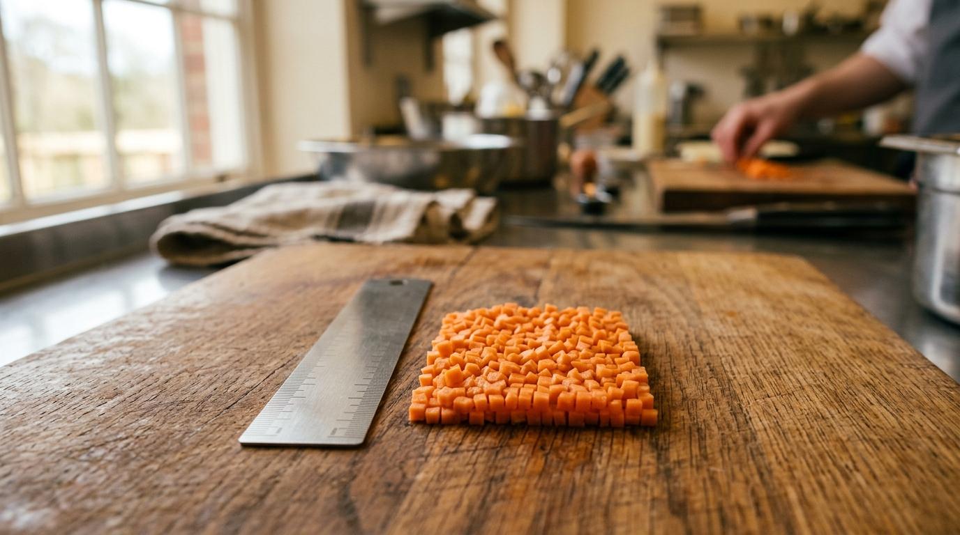 Une petite règle en inox posée à côté de minuscules dés de carotte de deux millimètres, sur une planche en bois
