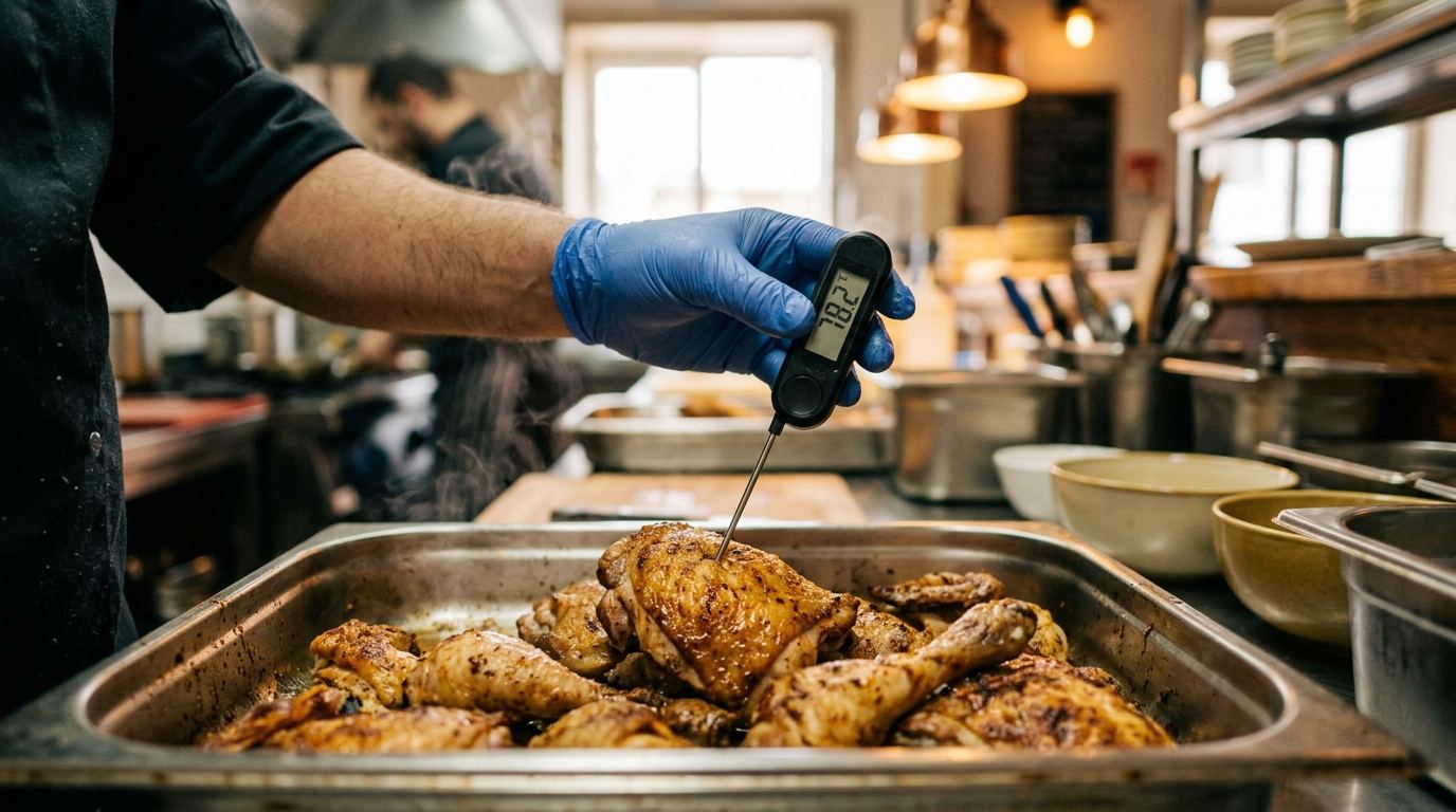 Mão com luva azul crava a sonda de penetração no centro de uma coxa de frango assada num tabuleiro gastronorm de inox, com o mostrador digital a marcar 78,2 °C