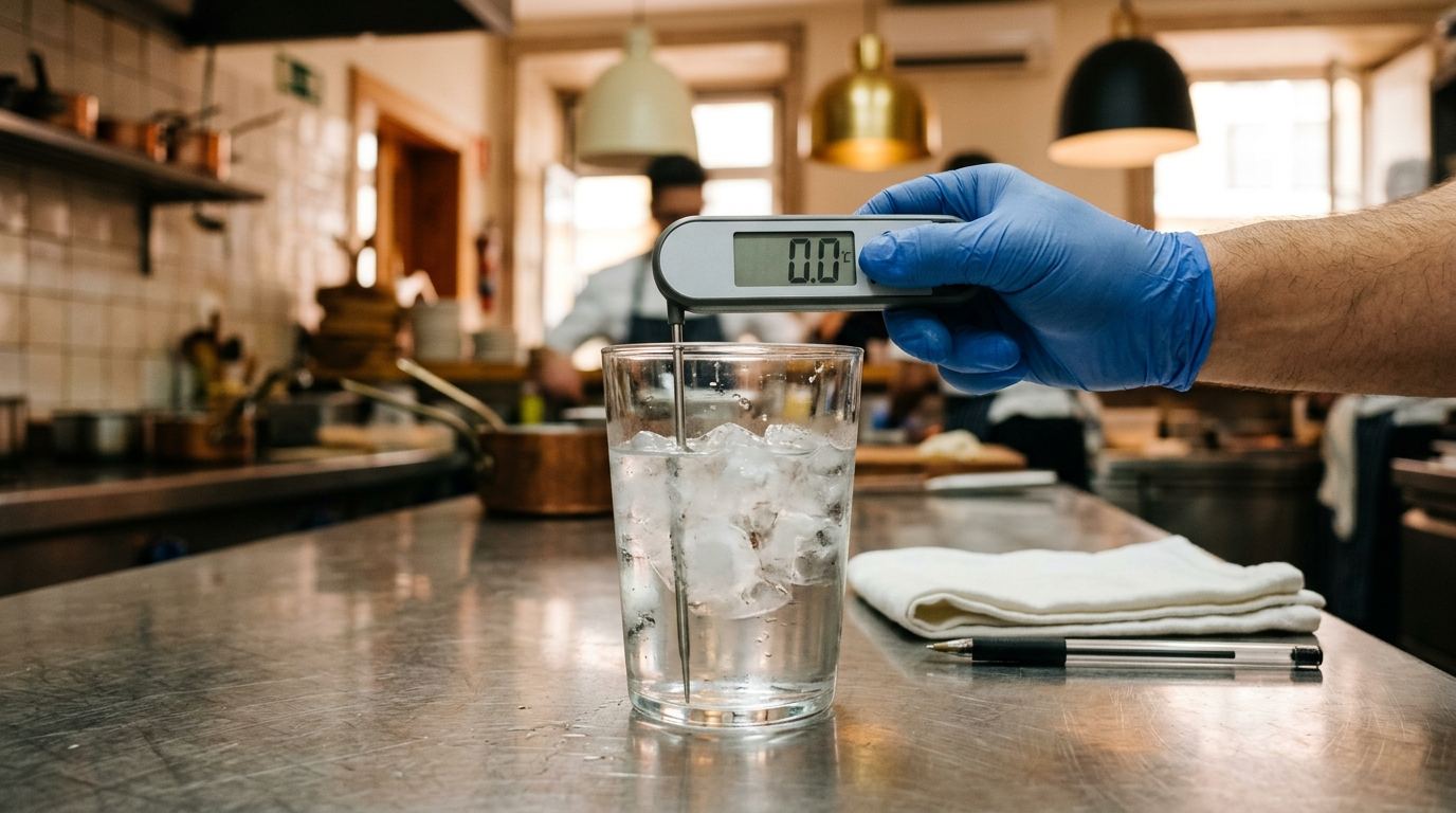Copo de vidro cheio de gelo e água sobre bancada de inox, com a sonda digital mergulhada no centro e o mostrador a marcar 0,0 °C, seguro por uma mão com luva azul