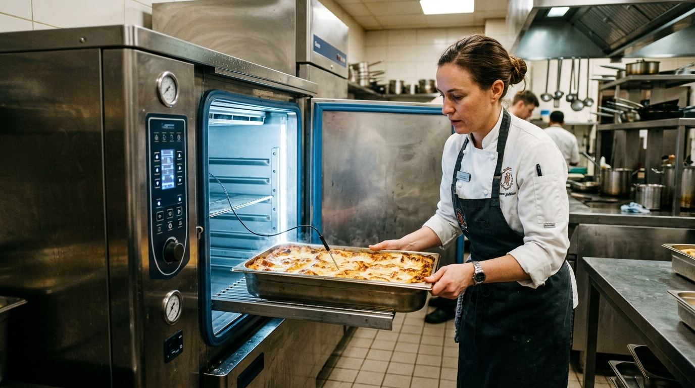 Uno chef inserisce una teglia di lasagna appena cotta nell'abbattitore, con la sonda al cuore già collegata