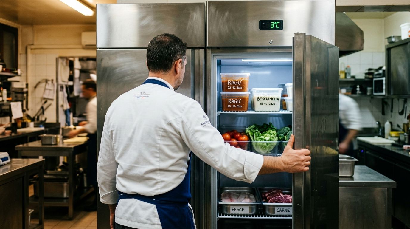 Uno chef di spalle apre un frigorifero professionale col display a 3 °C: cotti in alto, verdure in mezzo, pesce e carne crudi in basso