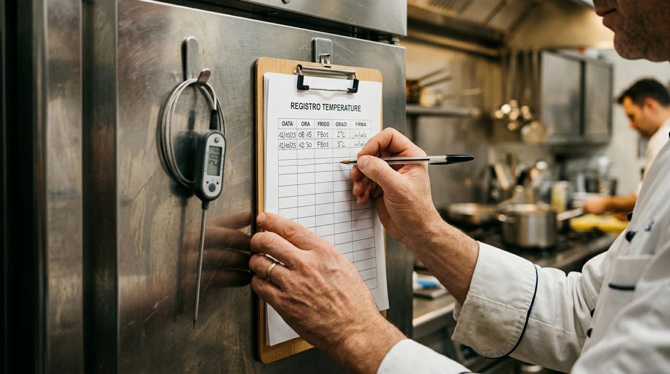 Mano di uno chef compila il registro temperature appeso alla porta del frigorifero professionale, con la sonda appesa accanto