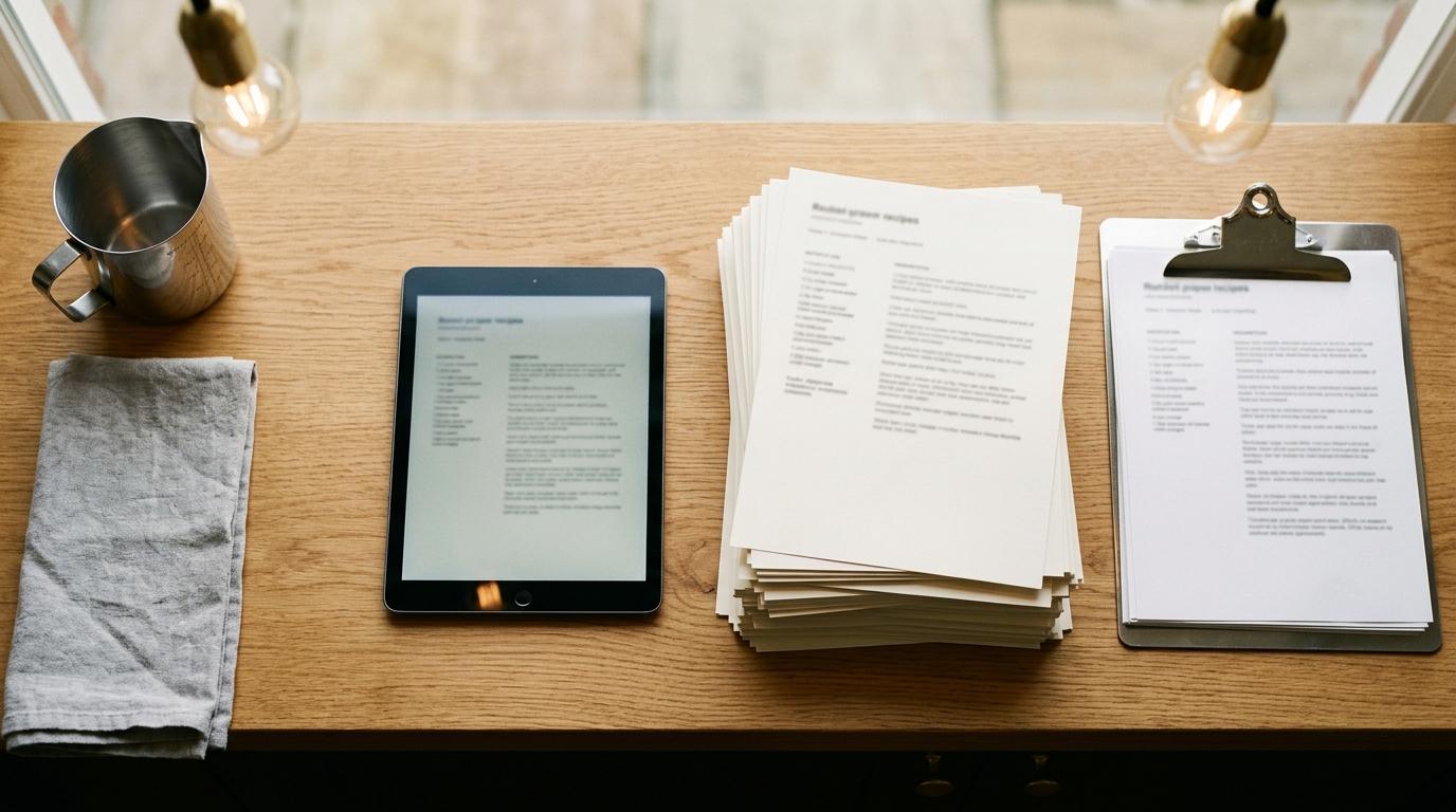 Una tablet junto a una pila alta de fichas técnicas impresas y un portapapeles sobre el pase de madera de una cocina profesional